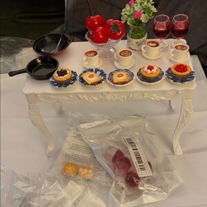 Barbie Miniature Food / Drink play Set on White Table- 31 pieces. Not 1/2 scale.